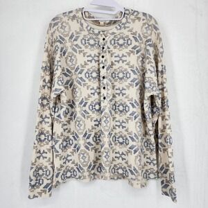 Lucky Brand Waffle Knit Thermal Henley Shirt Large L Cream Blue Aztec Print